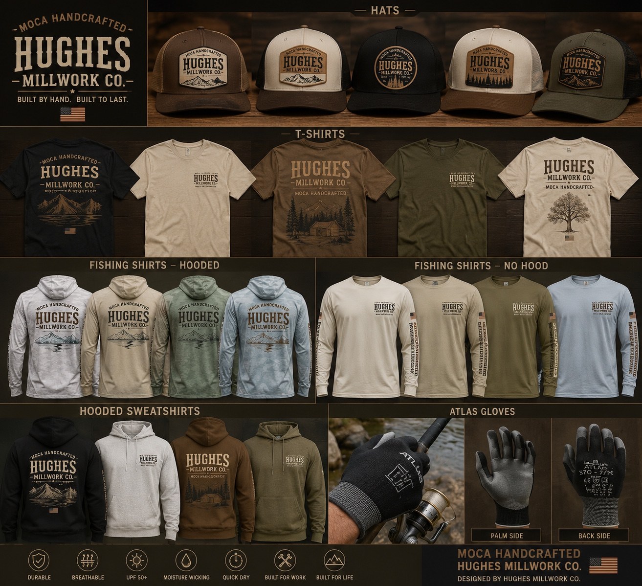 Concept board with Hughes Millwork Co. hats, shirts, hoodies, and accessories