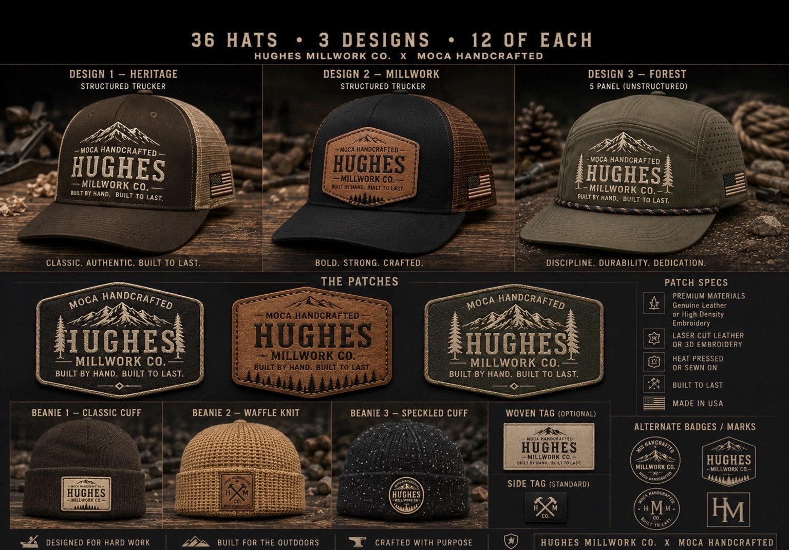 Concept board exploring three Hughes Millwork Co. hat designs