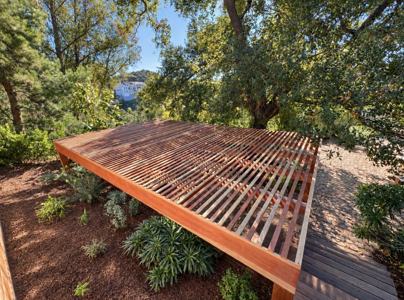 Wood pergola slats viewed from above in a garden