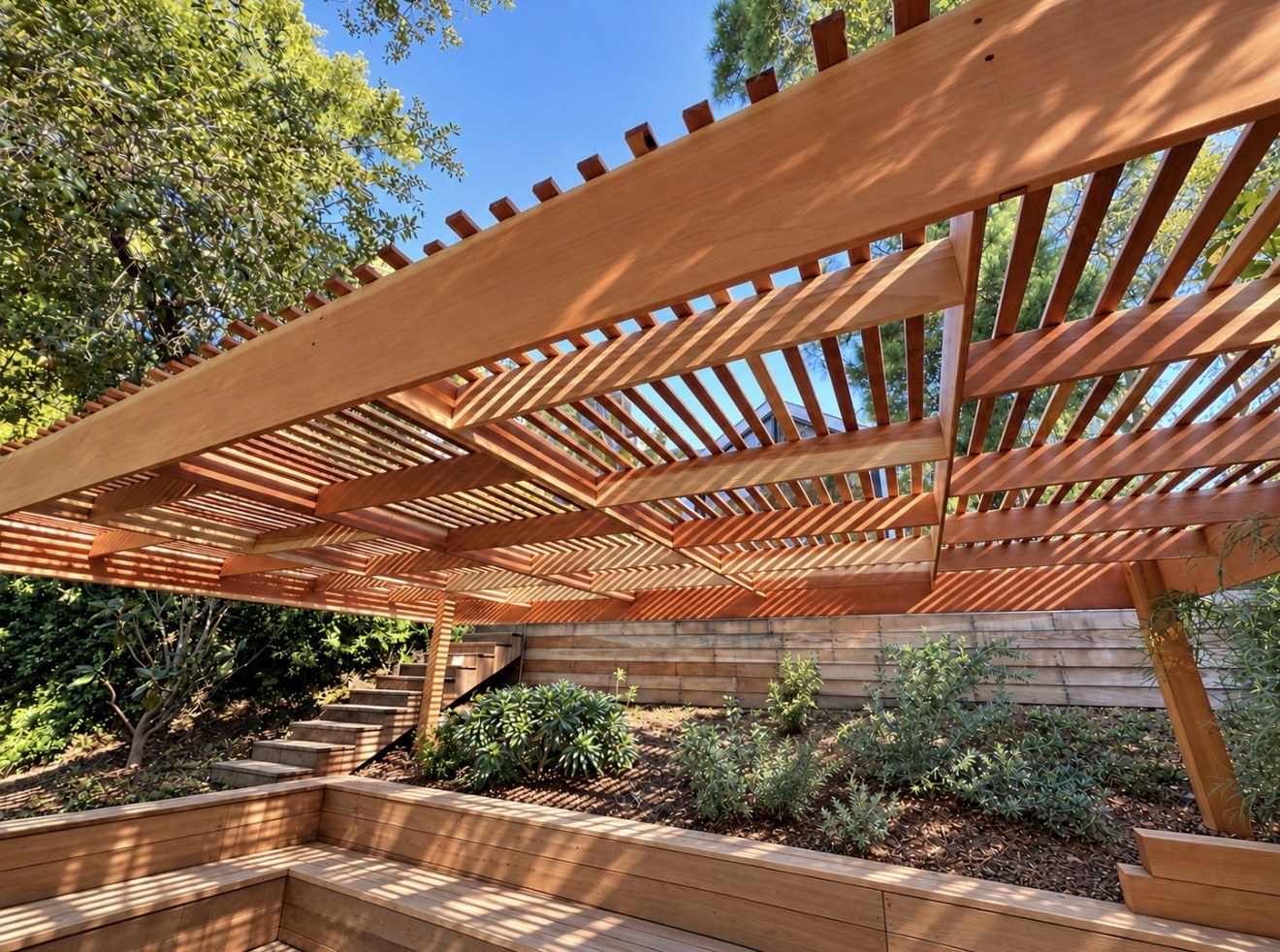 Wood pergola and built-in garden seating